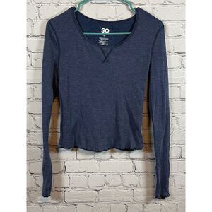 SO Navy Blue Waffle‎ Knit Long Sleeve Crop Top V-Neck Thermal Basic Size S